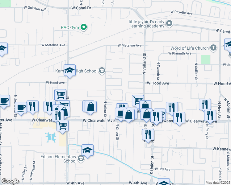 map of restaurants, bars, coffee shops, grocery stores, and more near 460 North Arthur Street in Kennewick