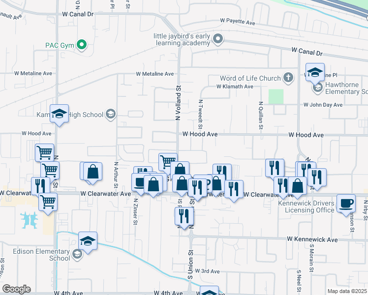 map of restaurants, bars, coffee shops, grocery stores, and more near 445 North Volland Street in Kennewick