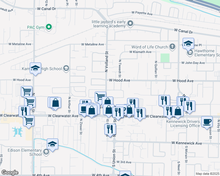 map of restaurants, bars, coffee shops, grocery stores, and more near 445 North Volland Street in Kennewick
