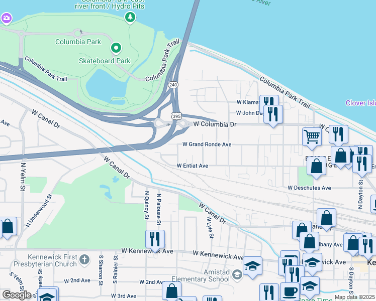 map of restaurants, bars, coffee shops, grocery stores, and more near 510 North Olympia Street in Kennewick