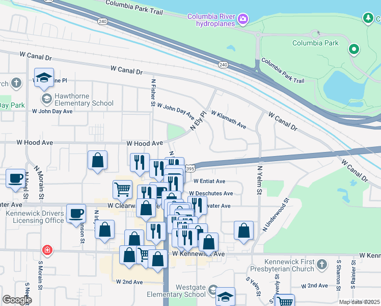 map of restaurants, bars, coffee shops, grocery stores, and more near 524 North Ely Street in Kennewick