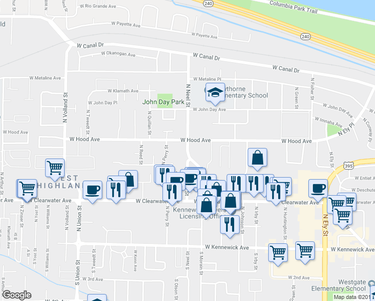 map of restaurants, bars, coffee shops, grocery stores, and more near 473 North Neel Street in Kennewick