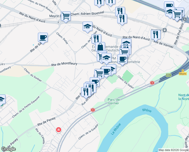 map of restaurants, bars, coffee shops, grocery stores, and more near in Vernier