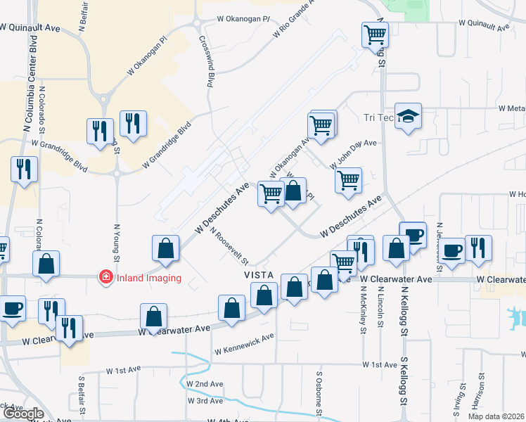 map of restaurants, bars, coffee shops, grocery stores, and more near 6509 West Deschutes Avenue in Kennewick