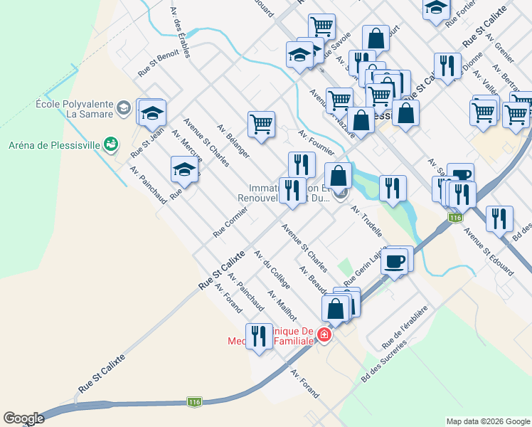 map of restaurants, bars, coffee shops, grocery stores, and more near 1579 Avenue Saint Charles in Plessisville