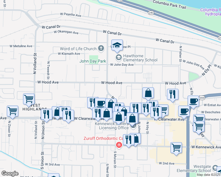 map of restaurants, bars, coffee shops, grocery stores, and more near 515B North Neel Street in Kennewick
