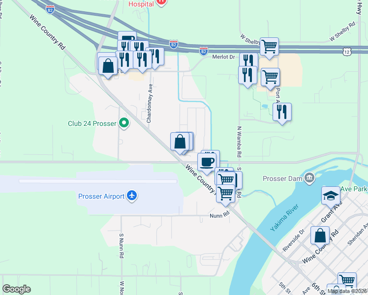 map of restaurants, bars, coffee shops, grocery stores, and more near 415 Wine Country Road in Prosser