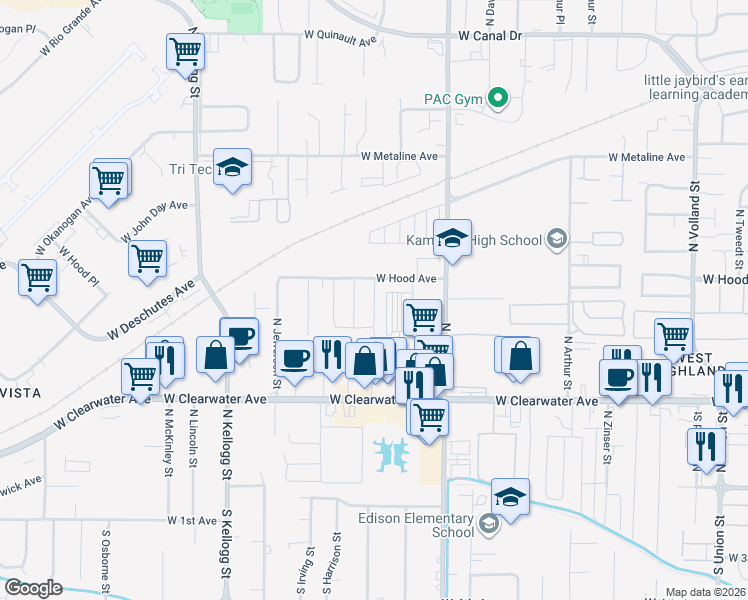 map of restaurants, bars, coffee shops, grocery stores, and more near 554 North Grant Street in Kennewick