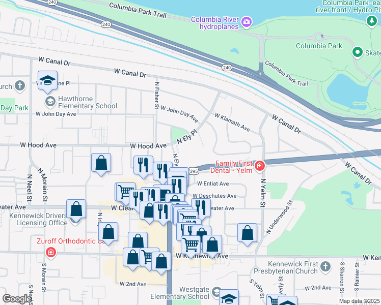 map of restaurants, bars, coffee shops, grocery stores, and more near 524 North Ely Street in Kennewick