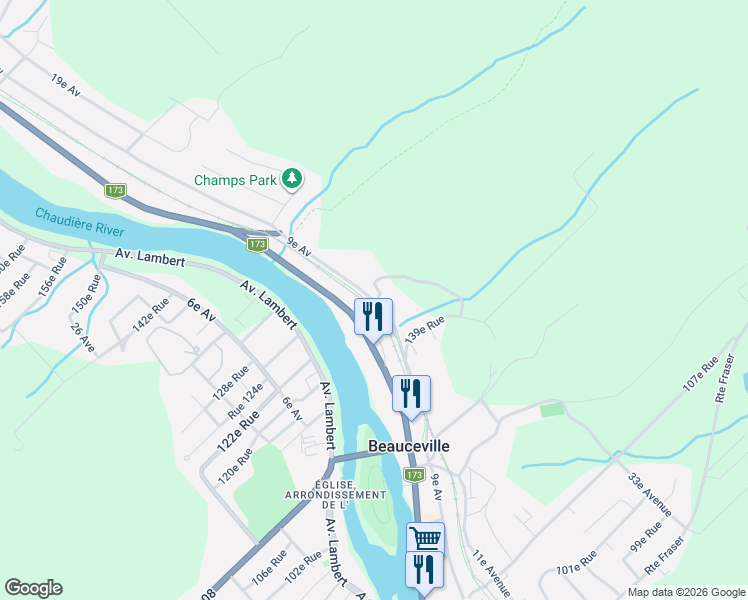 map of restaurants, bars, coffee shops, grocery stores, and more near 540 9e Avenue in Beauceville