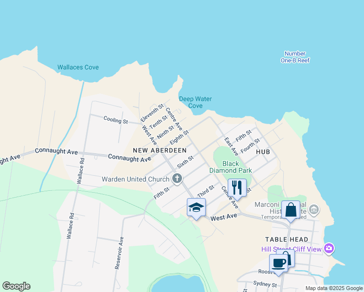 map of restaurants, bars, coffee shops, grocery stores, and more near 45 Seventh Street in Glace Bay