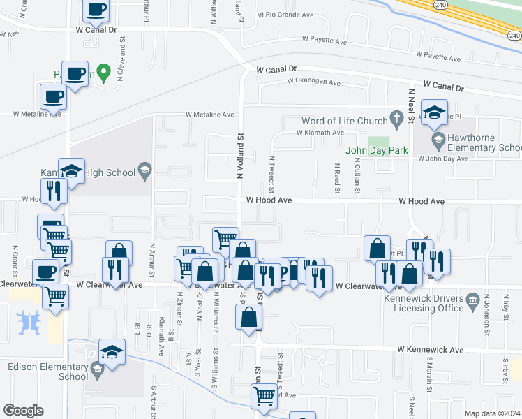 map of restaurants, bars, coffee shops, grocery stores, and more near 440 North Volland Street in Kennewick