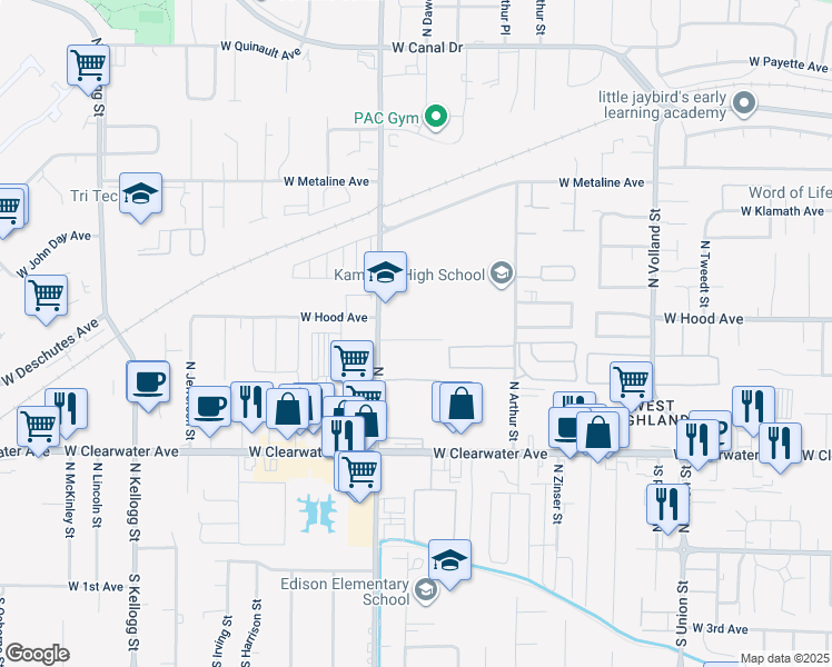 map of restaurants, bars, coffee shops, grocery stores, and more near 526 North Edison Street in Kennewick