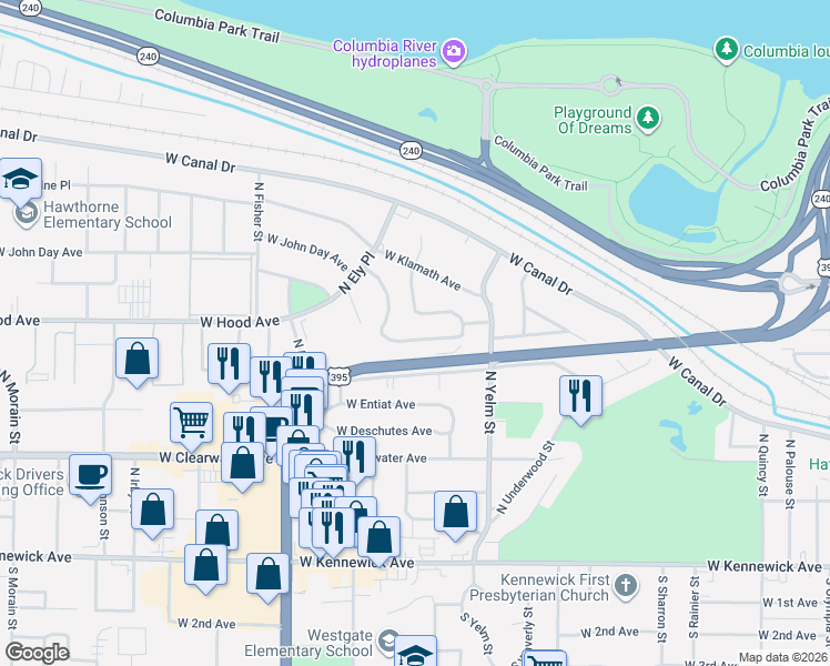 map of restaurants, bars, coffee shops, grocery stores, and more near 2511 West Grand Ronde Avenue in Kennewick