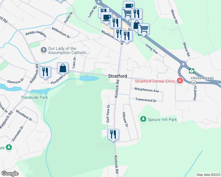 map of restaurants, bars, coffee shops, grocery stores, and more near 6 Edgeview Court in Stratford