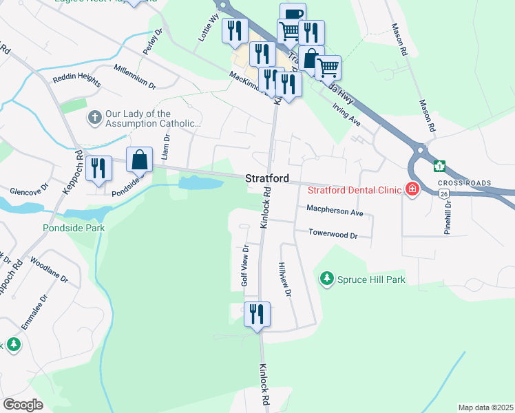 map of restaurants, bars, coffee shops, grocery stores, and more near Edgeview Court in Stratford