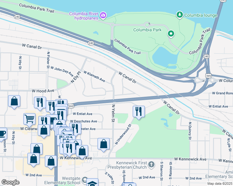 map of restaurants, bars, coffee shops, grocery stores, and more near 2218 West Grand Ronde Avenue in Kennewick