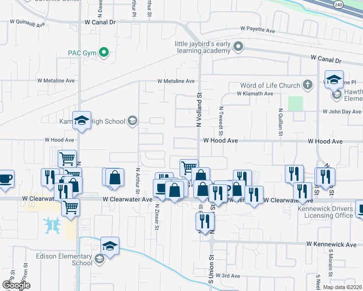 map of restaurants, bars, coffee shops, grocery stores, and more near 445 North Volland Street in Kennewick