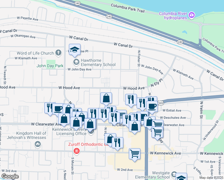 map of restaurants, bars, coffee shops, grocery stores, and more near 3131 West Hood Avenue in Kennewick