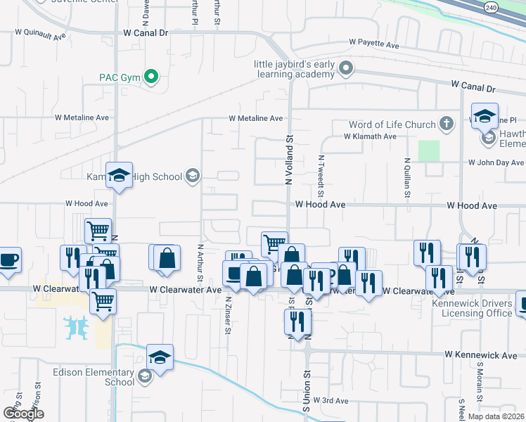 map of restaurants, bars, coffee shops, grocery stores, and more near 445 North Volland Street in Kennewick