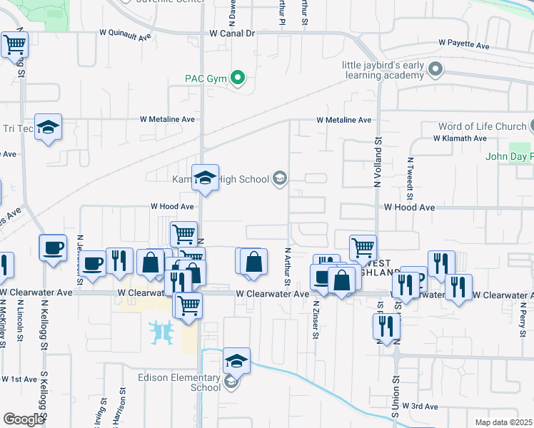 map of restaurants, bars, coffee shops, grocery stores, and more near 465 North Arthur Street in Kennewick
