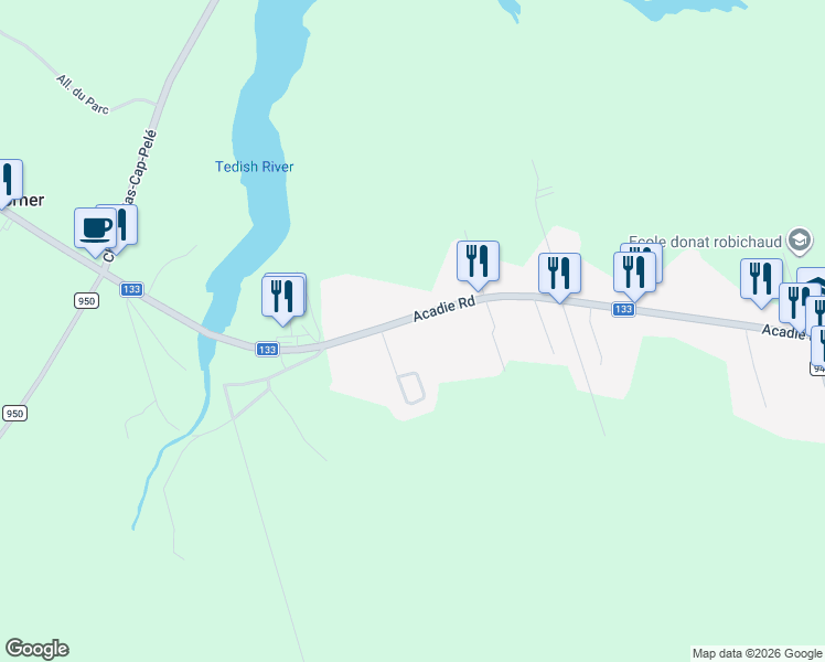 map of restaurants, bars, coffee shops, grocery stores, and more near 2515 Acadie Road in Cap-Pelé