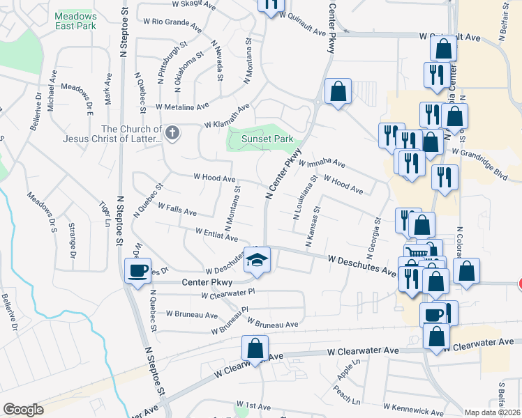 map of restaurants, bars, coffee shops, grocery stores, and more near 8415 West Entiat Place in Kennewick