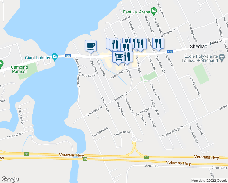 map of restaurants, bars, coffee shops, grocery stores, and more near 88 Rue Chesley in Shédiac