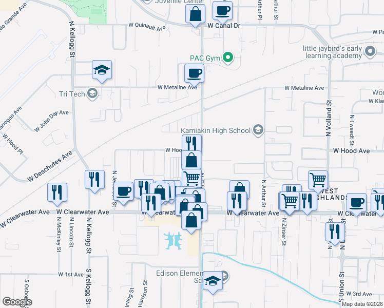 map of restaurants, bars, coffee shops, grocery stores, and more near 601 North Edison Street in Kennewick