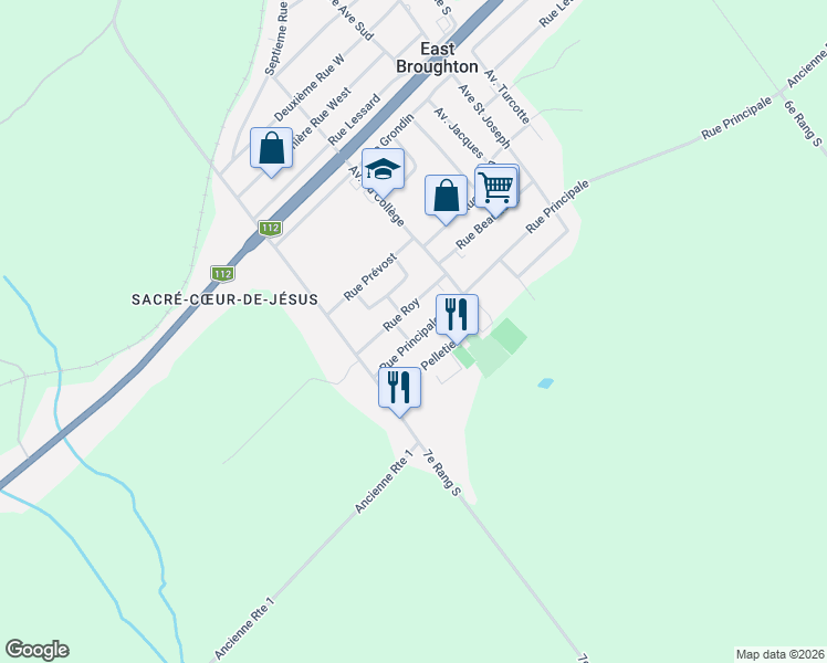 map of restaurants, bars, coffee shops, grocery stores, and more near 253-297 Rue Roy in East Broughton