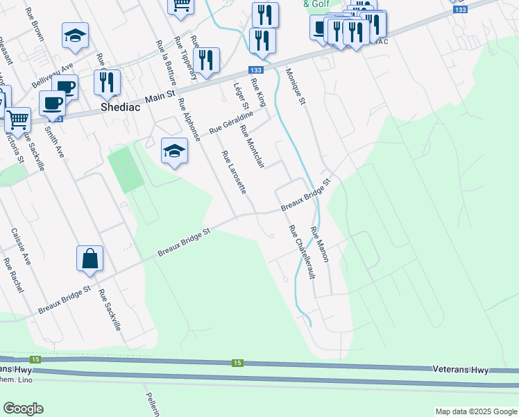map of restaurants, bars, coffee shops, grocery stores, and more near 402 Breaux Bridge Street in Shediac
