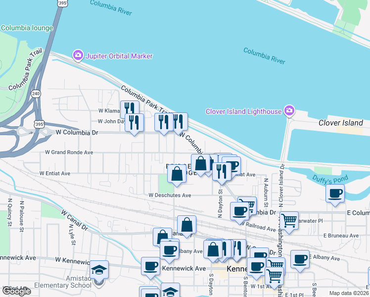 map of restaurants, bars, coffee shops, grocery stores, and more near 519/529 West Columbia Drive in Kennewick