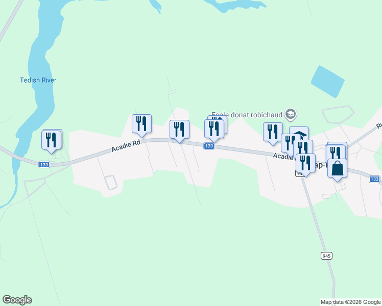 map of restaurants, bars, coffee shops, grocery stores, and more near 2565 Acadie Road in Cap-Pelé