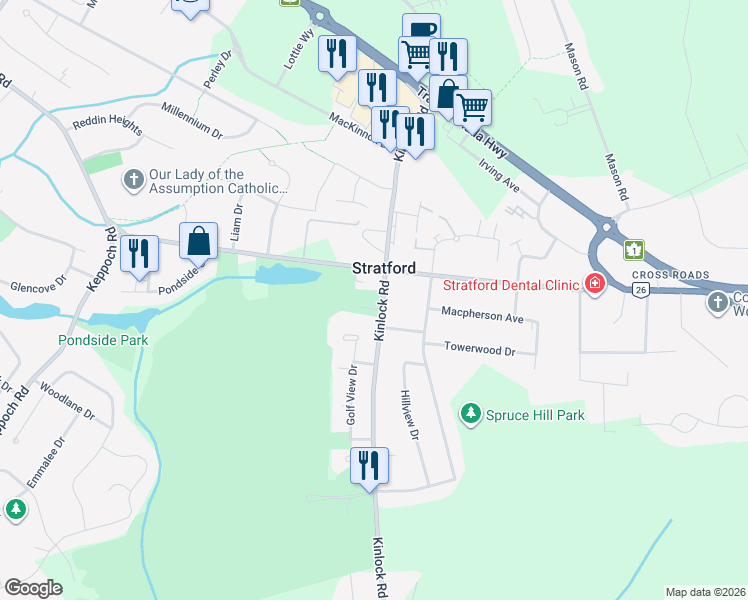map of restaurants, bars, coffee shops, grocery stores, and more near  in Stratford
