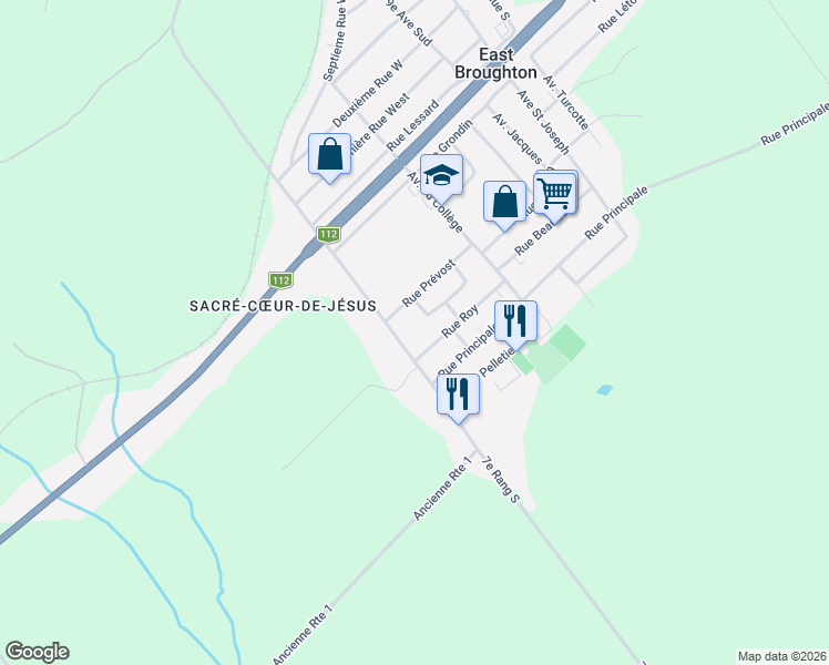 map of restaurants, bars, coffee shops, grocery stores, and more near 263 Avenue Notre Dame in East Broughton