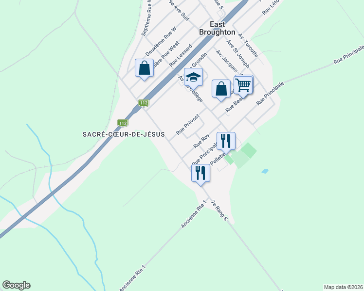 map of restaurants, bars, coffee shops, grocery stores, and more near 263 Avenue Notre Dame in East Broughton
