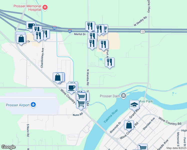 map of restaurants, bars, coffee shops, grocery stores, and more near 216 Port Avenue in Prosser