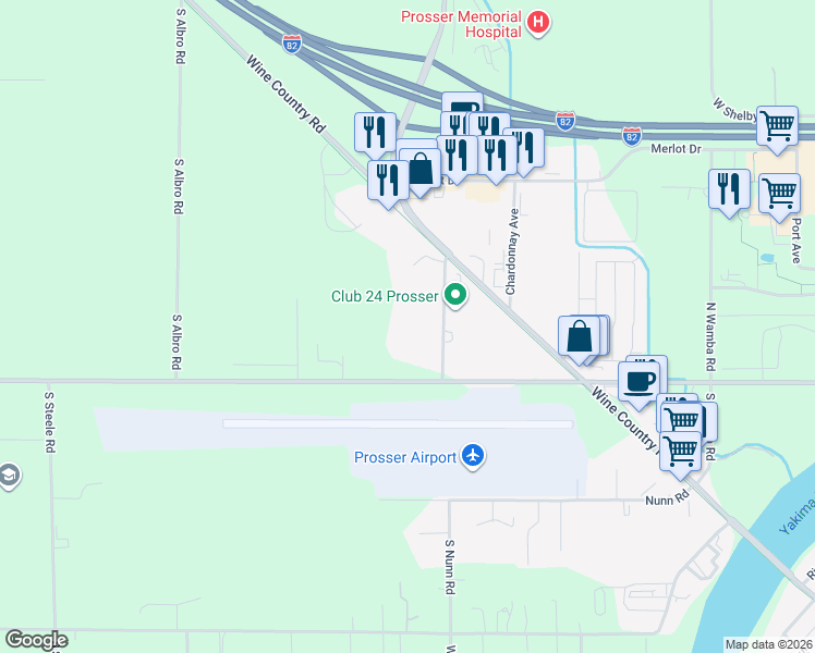 map of restaurants, bars, coffee shops, grocery stores, and more near 270 North Gap Road in Prosser