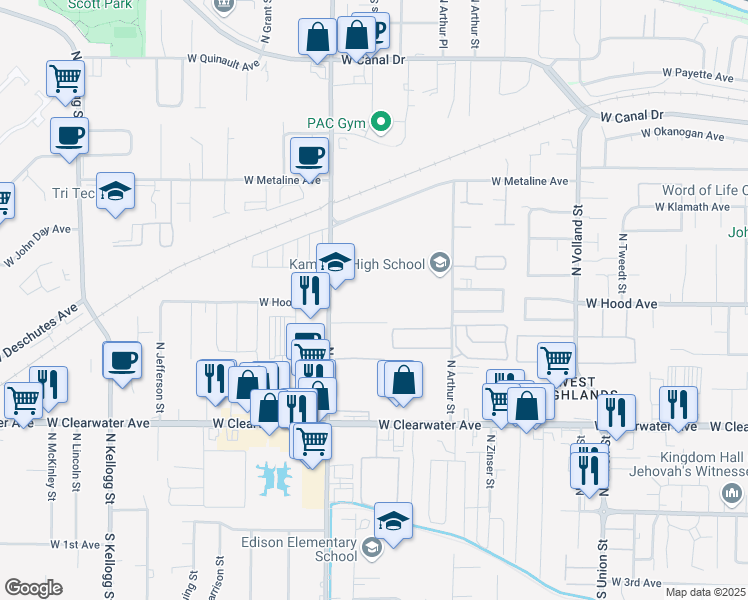 map of restaurants, bars, coffee shops, grocery stores, and more near 530 North Edison Street in Kennewick