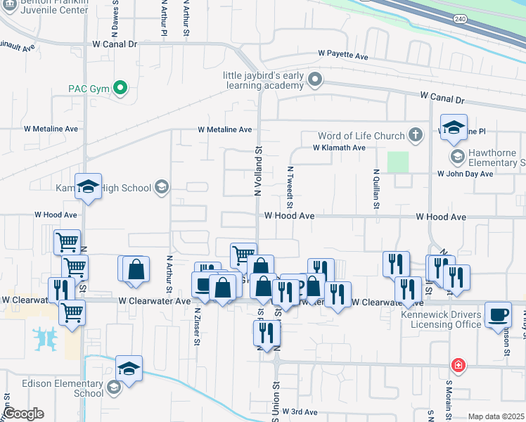 map of restaurants, bars, coffee shops, grocery stores, and more near 610 North Volland Street in Kennewick
