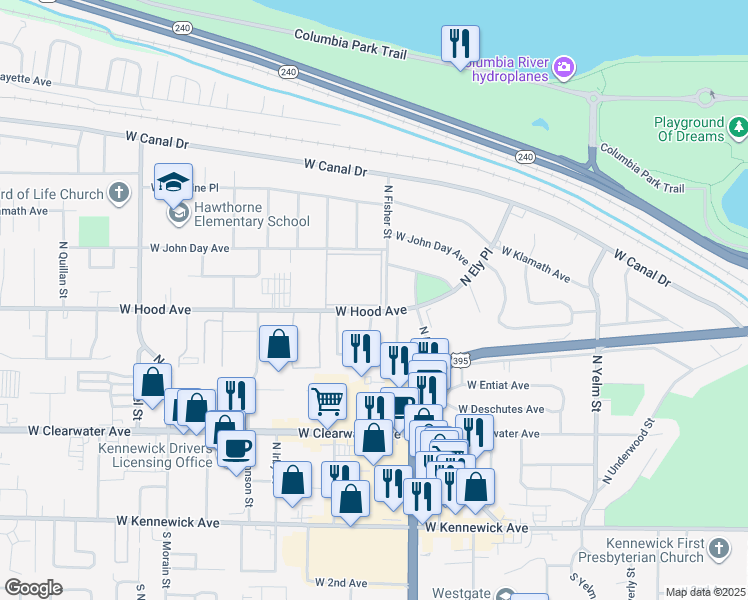 map of restaurants, bars, coffee shops, grocery stores, and more near 2912 West Hood Avenue in Kennewick