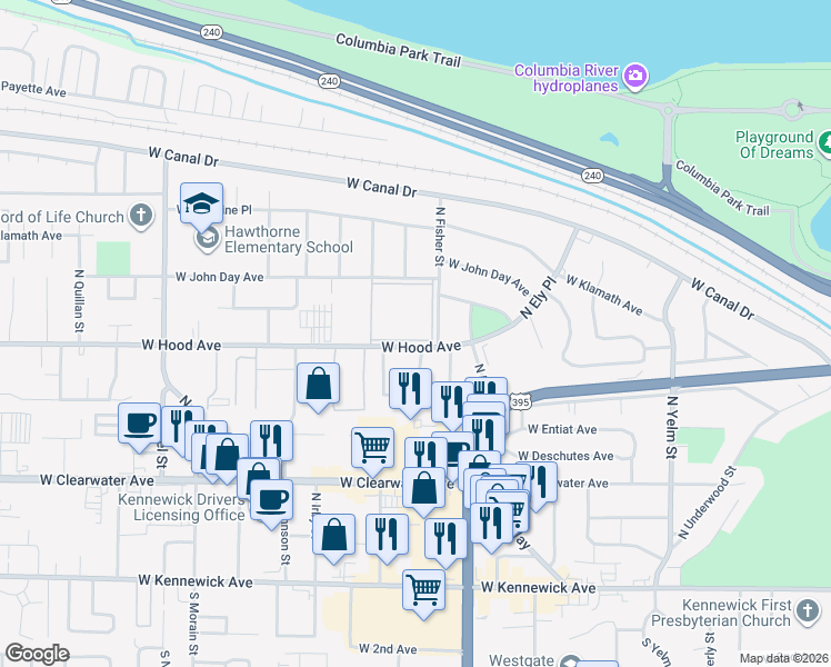 map of restaurants, bars, coffee shops, grocery stores, and more near 2912 West Hood Avenue in Kennewick