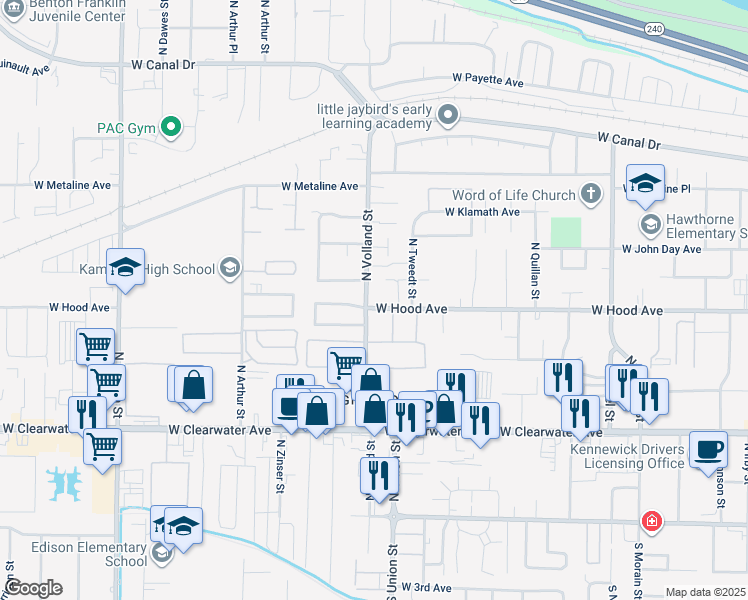 map of restaurants, bars, coffee shops, grocery stores, and more near 610 North Volland Street in Kennewick