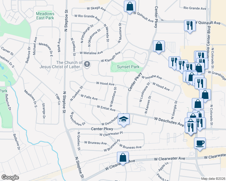 map of restaurants, bars, coffee shops, grocery stores, and more near 600 North Nevada Street in Kennewick