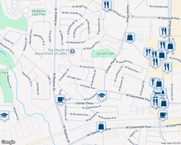 map of restaurants, bars, coffee shops, grocery stores, and more near 600 North Nevada Street in Kennewick