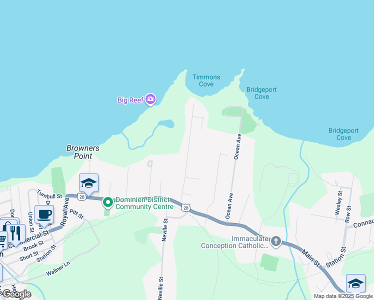 map of restaurants, bars, coffee shops, grocery stores, and more near 91 Park Street in Dominion