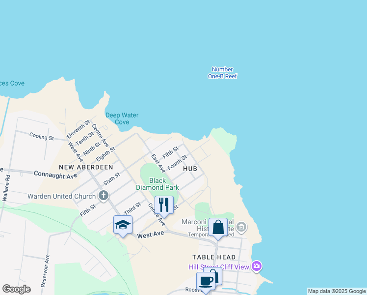 map of restaurants, bars, coffee shops, grocery stores, and more near 136 Fifth Street in Glace Bay