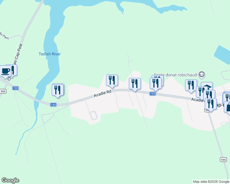 map of restaurants, bars, coffee shops, grocery stores, and more near 2515 Acadie Road in Cap-Pelé