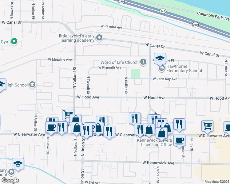 map of restaurants, bars, coffee shops, grocery stores, and more near 617 North Reed Street in Kennewick