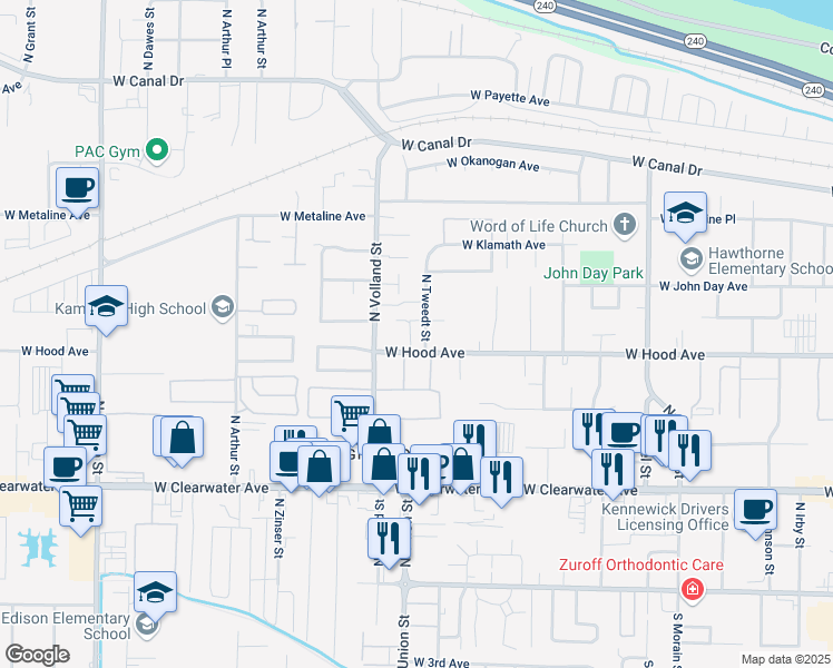 map of restaurants, bars, coffee shops, grocery stores, and more near 609 North Tweedt Street in Kennewick